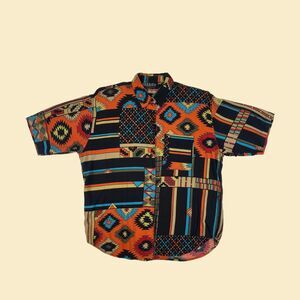 90s geometric L shirt, vintage southwest patterned Tribes for Her teal blouse